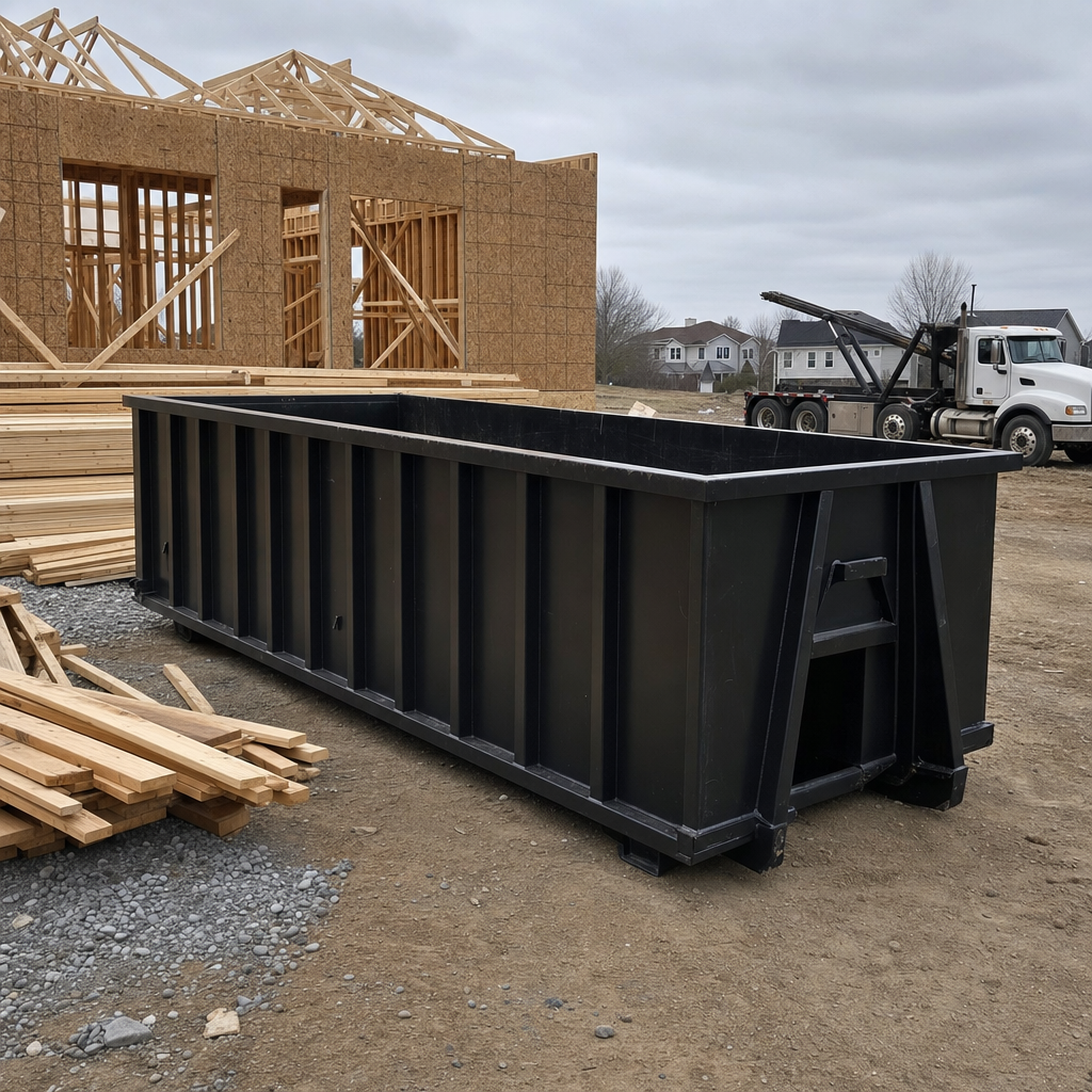 Matte-black 40-yard roll-off dumpster staged on a framed-out residential construction site in San Marcos, framing lumber stacked nearby, hooklift delivery truck visible in the background under bright Colorado daylight