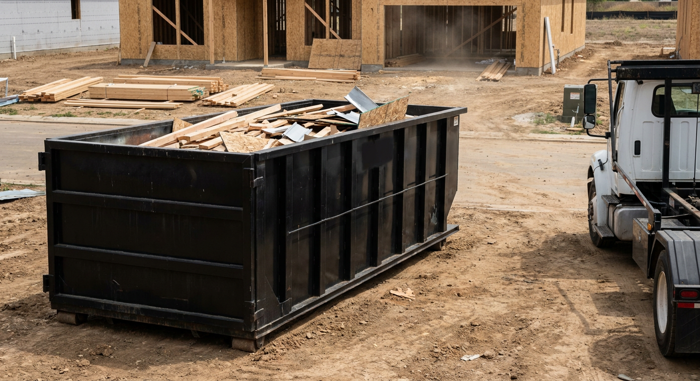 Matte-black 20-yard roll-off construction dumpster with heavy ribbed steel sidewalls and swing rear doors at a working jobsite in San Marcos, sitting directly on compacted dirt with an unmarked white hauler partially visible at the far edge of the frame.
