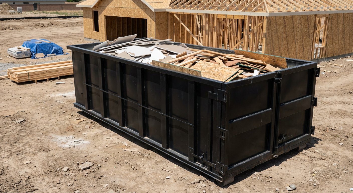 Matte-black 30-yard roll-off construction dumpster sitting directly on the compacted-dirt site of a framed single-family home build in San Marcos, drywall and lumber scrap loaded inside.