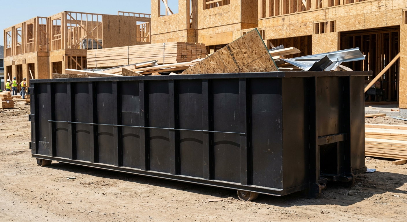 Matte-black 40-yard roll-off construction dumpster being lowered from a white-cab hooklift delivery truck onto the compacted-dirt jobsite at a commercial build site in San Marcos