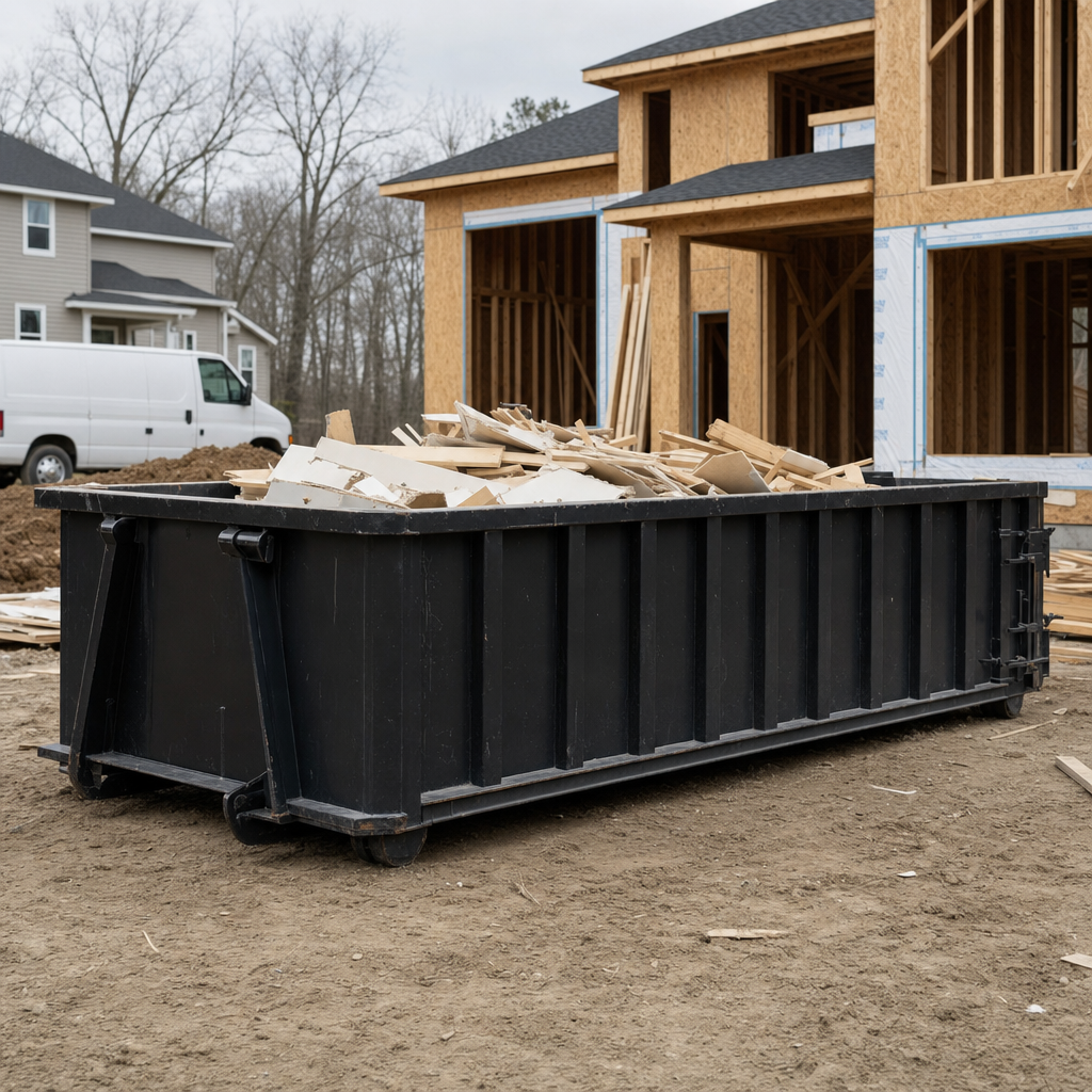 Worker in a yellow high-visibility vest tossing framing lumber and broken drywall into a matte-black 30-yard construction roll-off dumpster on an active build site in San Marcos, bright daylight