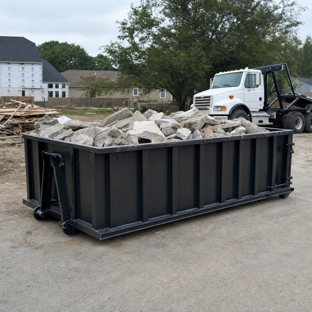 Low-profile matte-black lowboy roll-off dumpster loaded with broken concrete slab and rebar at a foundation tear-out in San Marcos, skid steer parked beside it, sunny Colorado morning