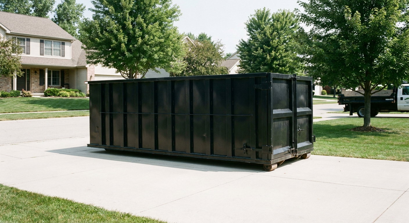 Matte-black 20-yard roll-off dumpster sitting level on a clean San Marcos residential concrete driveway under bright daylight, demonstrating clean placement directly on the concrete.