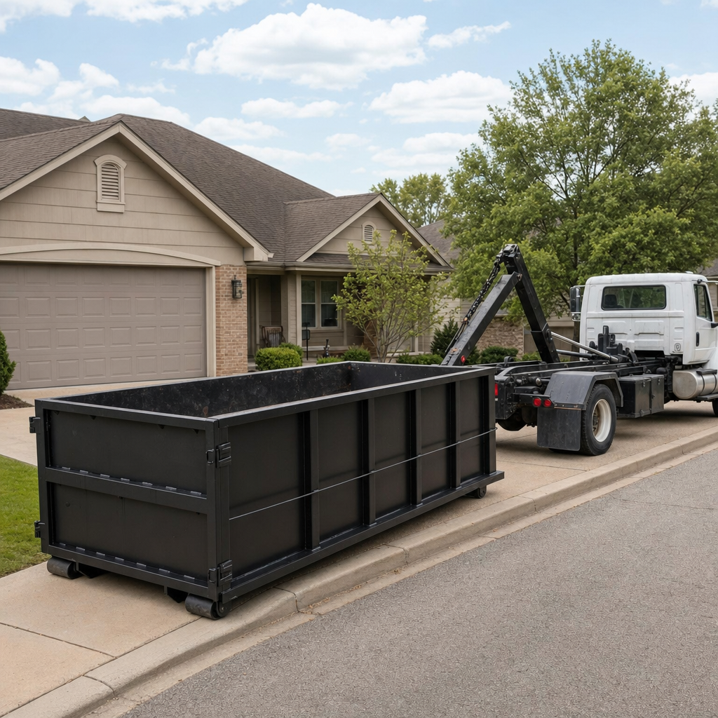 Wide documentary shot of a matte-black roll-off dumpster on a San Marcos residential driveway in the foreground and a contractor jobsite container in the soft-focus background, bright daylight, calm and orderly composition.
