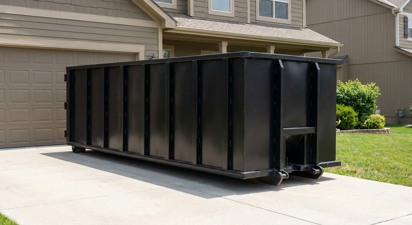 Matte-black residential roll-off dumpster sitting directly on a suburban San Marcos concrete driveway, garage door closed, single-family home in background, bright morning daylight.