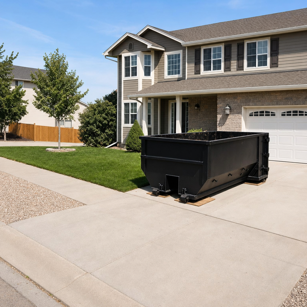 10-yard matte-black residential dumpster placed directly on a narrow San Marcos concrete driveway, room remains for a parked sedan beside it, mid-morning natural light