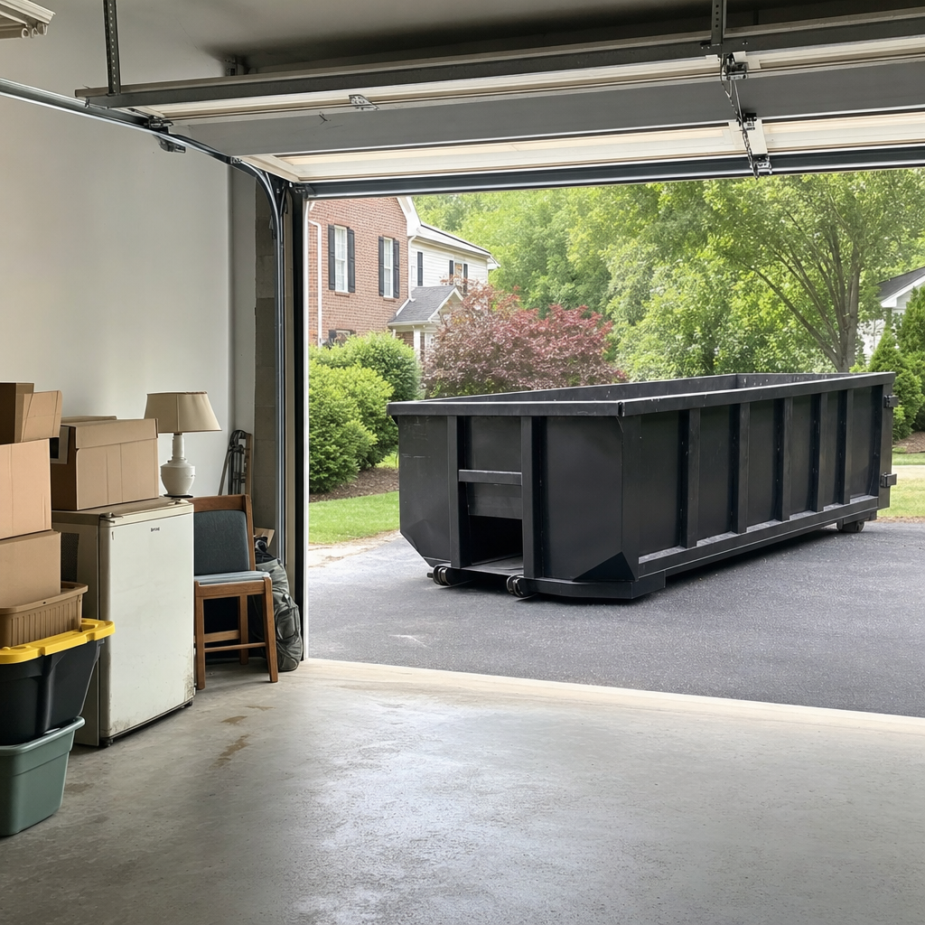 Open garage interior in a San Marcos home mid-cleanout — boxed items, an old appliance, and stacked yard tools queued near the driveway for a matte-black roll-off dumpster, organized and calm