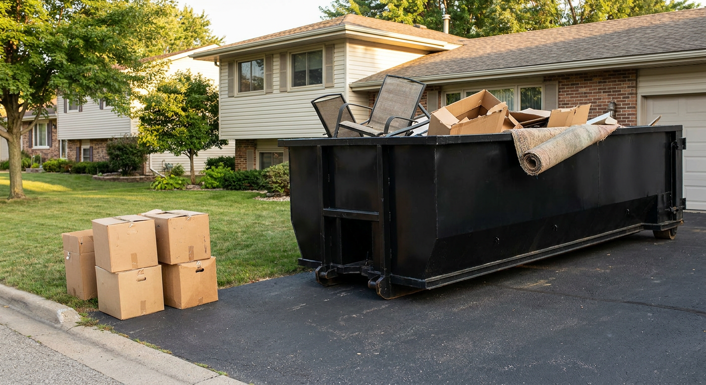 Front-yard view of a San Marcos split-level home with a 20-yard matte-black roll-off dumpster sitting directly on the asphalt driveway, a few clearly labeled donation boxes staged at the curb, calm sunny afternoon.