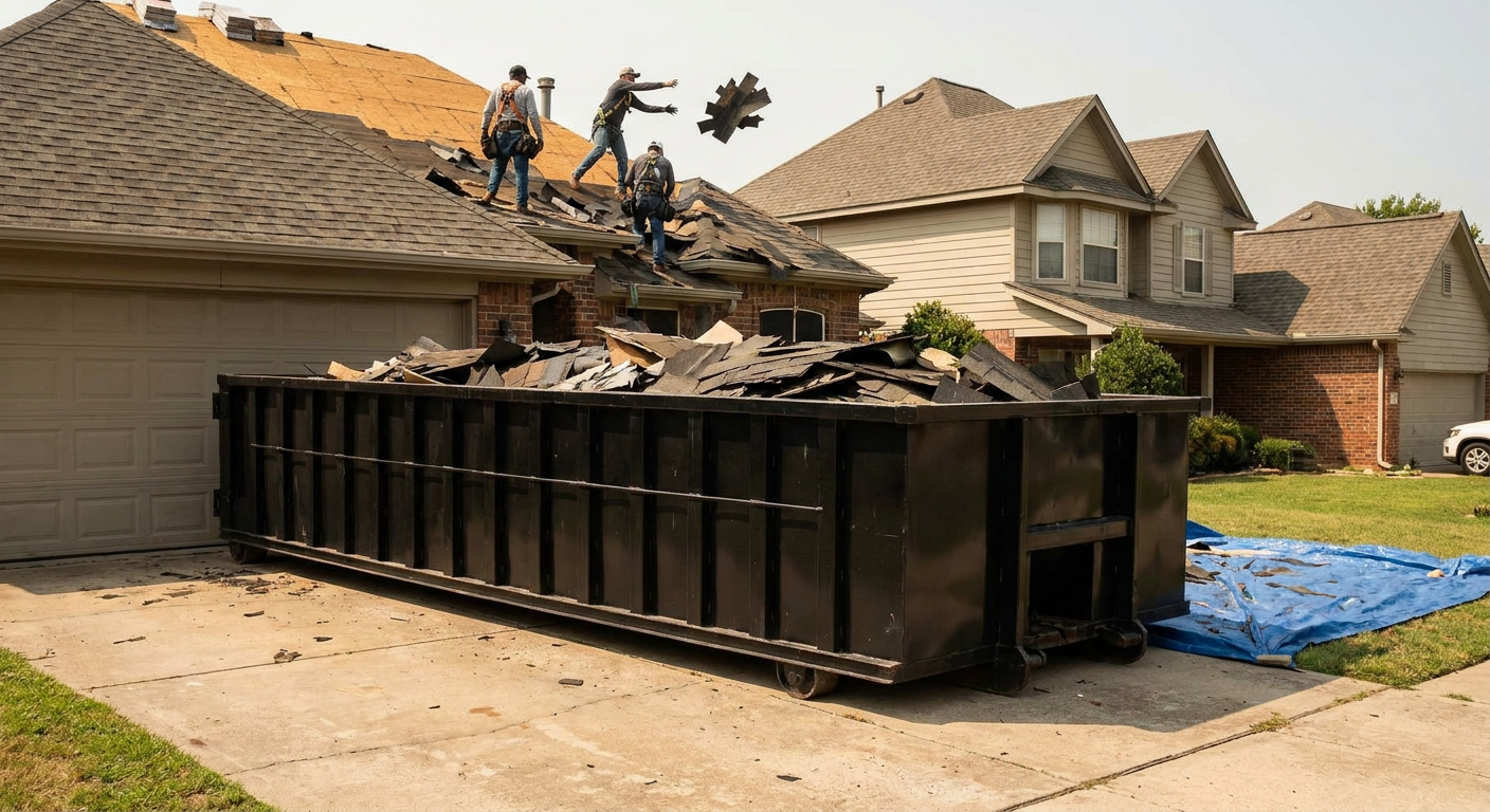 Matte-black roofing roll-off dumpster placed directly on a San Marcos residential concrete driveway, a tear-off crew on a two-story asphalt-shingle roof tossing shingle bundles into the low-walled container, bright daylight, documentary 35mm perspective.