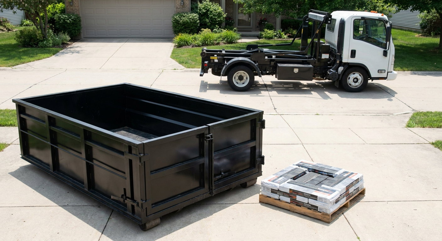 Matte-black 15-yard roofing roll-off dumpster with reinforced low side walls sitting directly on a San Marcos residential concrete driveway, three-tab asphalt shingle bundles stacked nearby, an unmarked white hauler truck partially visible at the edge of the frame.