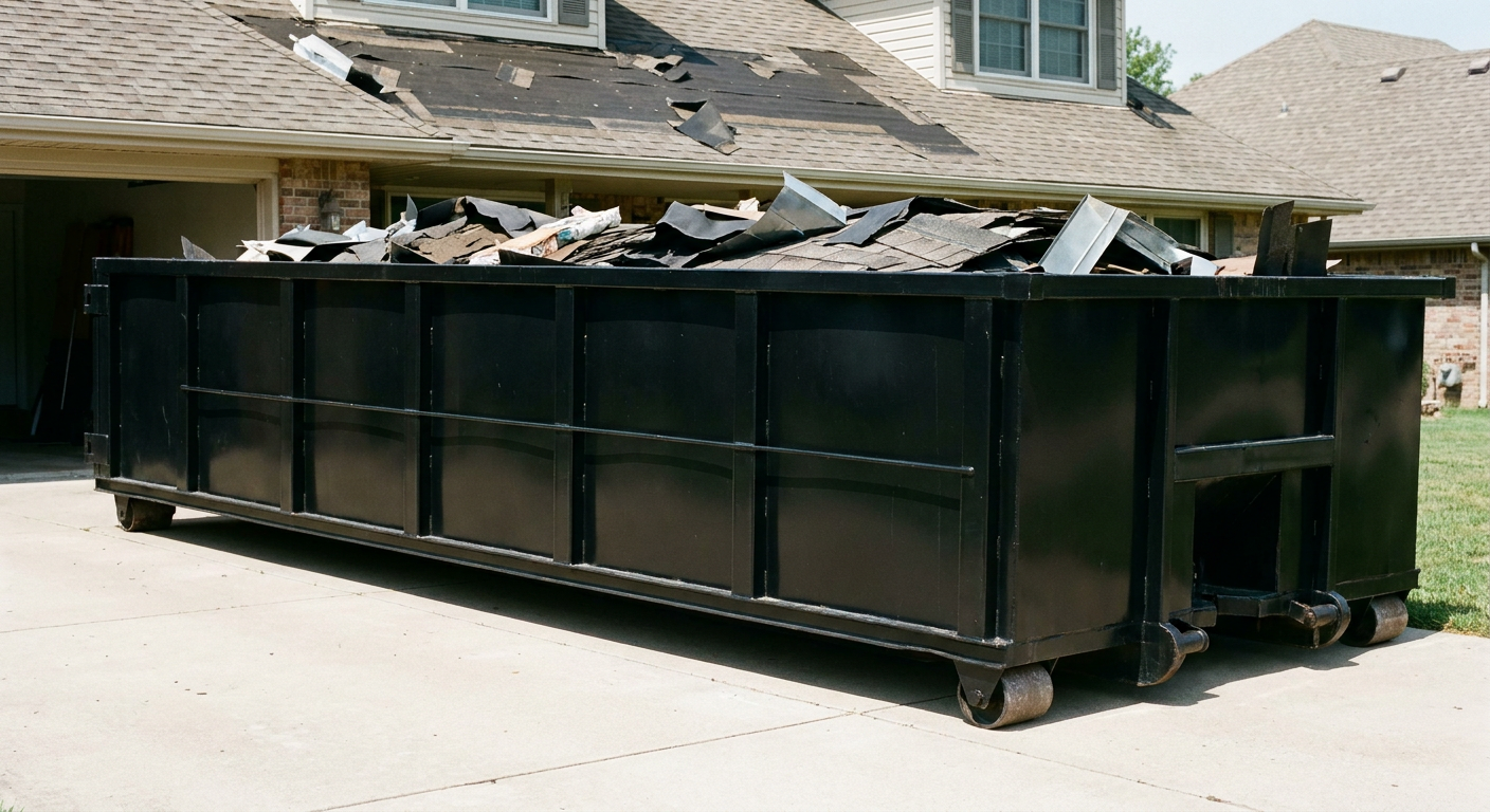 Matte-black 20-yard roofing roll-off dumpster with steel ribbed sides and swinging rear door, sitting directly on the concrete driveway of a two-story San Marcos home, asphalt shingle debris being loaded over the low wall, clean documentary lighting.
