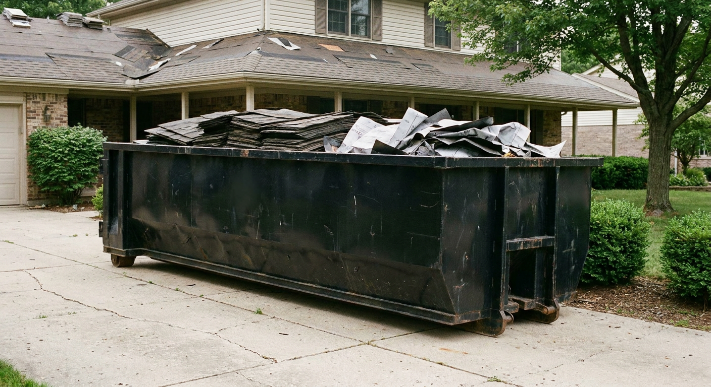 Matte-black 30-yard roofing roll-off dumpster sitting directly on a San Marcos concrete driveway, taller ribbed steel side panels, mixed tear-off debris of asphalt shingles and underlayment inside, professional documentary daylight.