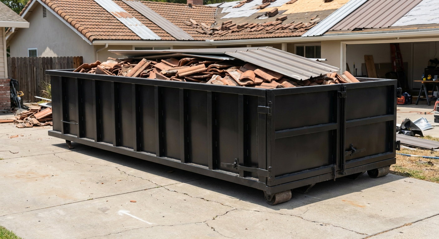 Matte-black low-wall heavy-debris roofing roll-off dumpster sitting directly on a San Marcos concrete driveway, broken concrete clay roof tiles and metal panel sections loaded inside, reinforced ribbed steel side walls visible, bright outdoor daylight.