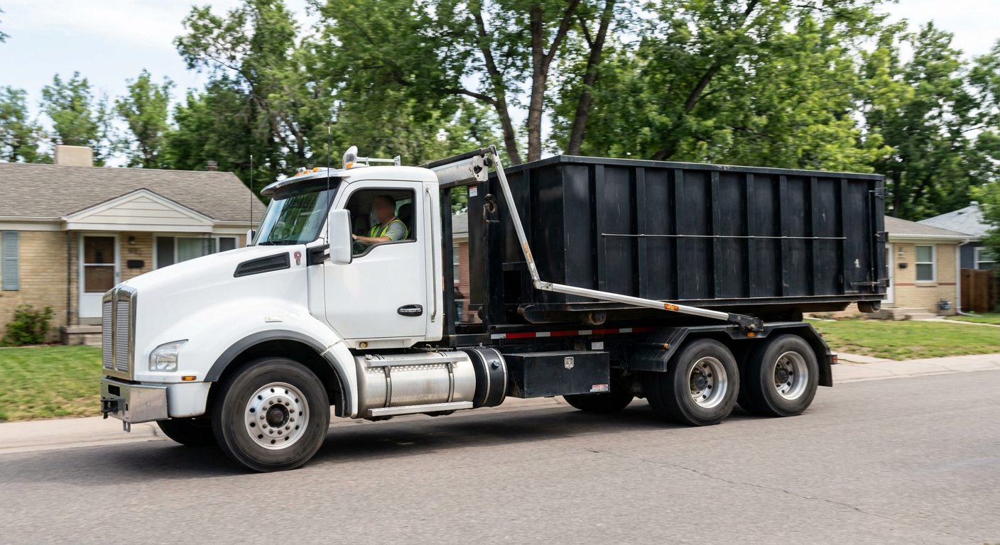 A wide documentary shot of a matte-black roll-off delivery truck pulling onto a quiet San Marcos residential street at mid-morning, with neighborhood rooftops and tree-lined blocks visible behind, showing the metro coverage footprint.