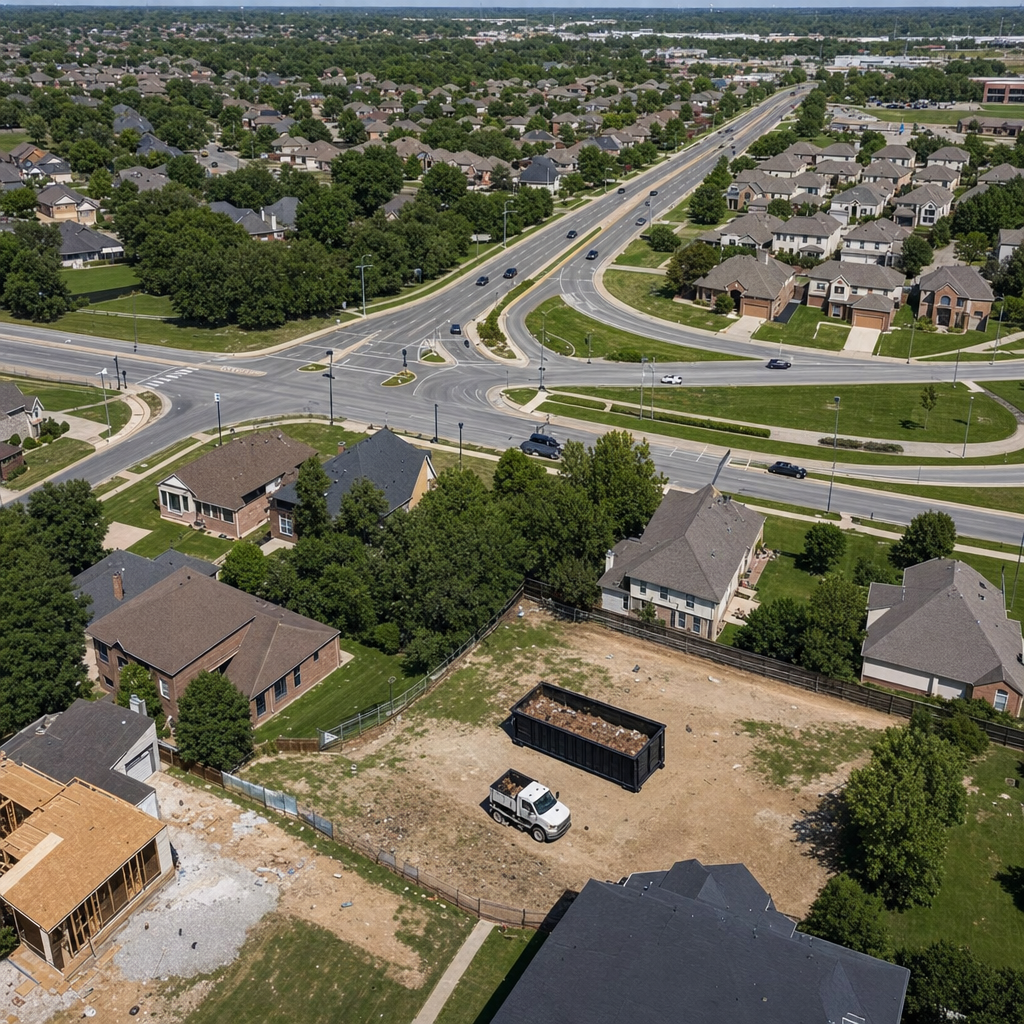 An overhead documentary view of the San Marcos metro area at midday, showing the spread of neighborhoods, arterial roads, and the dispatch radius from a central yard — clean daylight, organized geographic layout.