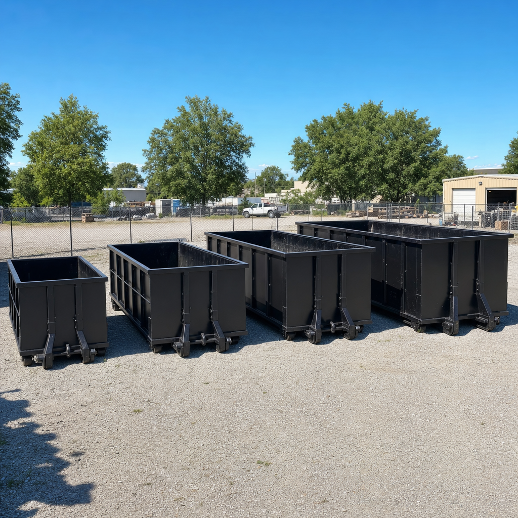 A clean lineup of matte-black roll-off dumpsters in 10, 20, 30, and 40-yard sizes staged on a sunlit gravel yard in San Marcos, showing the size progression from compact to commercial-scale containers.