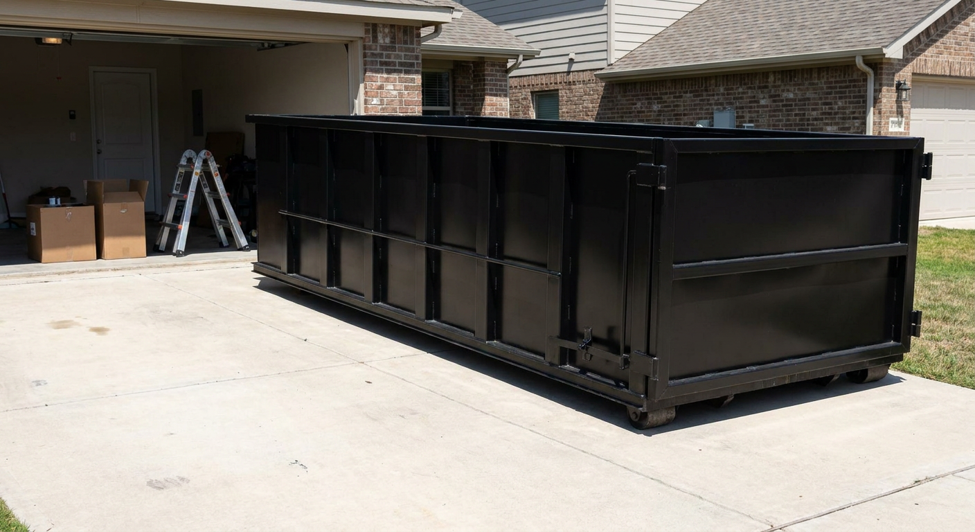 A matte-black 10-yard roll-off dumpster sitting directly on a residential San Marcos concrete driveway, mid-day sunlight, clean and ready for a garage cleanout.