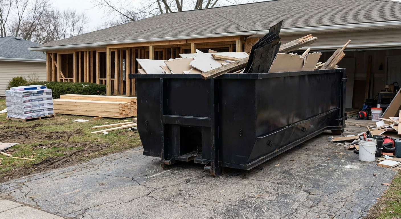 A matte-black 20-yard roll-off dumpster placed alongside a mid-renovation San Marcos home directly on the asphalt driveway, with framing materials and torn-off shingles staged neatly nearby.