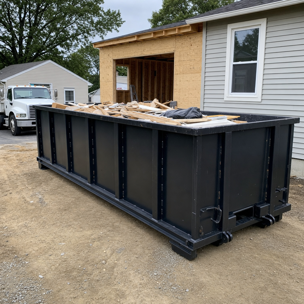 A matte-black 30-yard roll-off dumpster positioned at a San Marcos residential addition jobsite, with framing lumber and drywall scraps loaded through the open swinging rear doors.