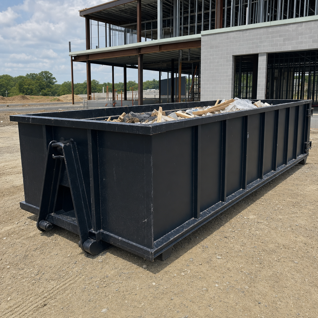 A matte-black 40-yard roll-off dumpster staged on a large San Marcos commercial construction lot, with a hooklift delivery truck parked alongside under bright midday sky.