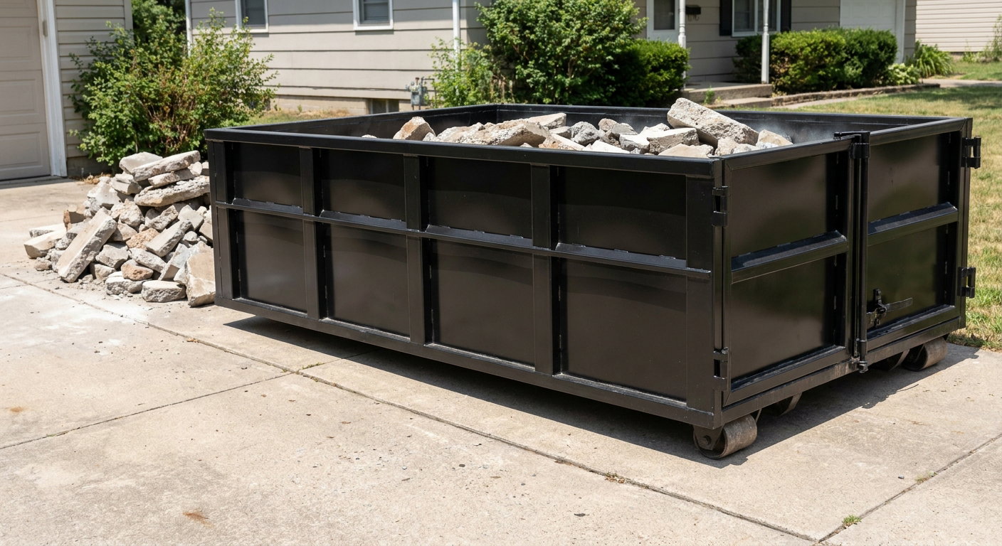 A matte-black low-side heavy-debris roll-off dumpster placed directly on a San Marcos concrete driveway, with broken concrete chunks neatly stacked beside it under clean daylight.